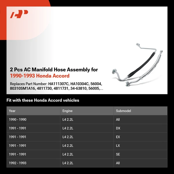 2 Pcs AC Manifold Hose Assembly for 1990-1993 Honda Accord