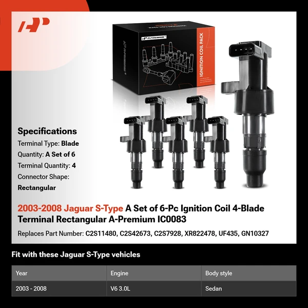 2003-2008 Jaguar S-Type A Set of 6-Pc Ignition Coil 4-Blade Terminal Rectangular A-Premium IC0083
