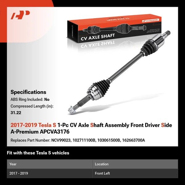 2017-2019 Tesla S 1-Pc CV Axle Shaft Assembly Front Driver Side A-Premium APCVA3176