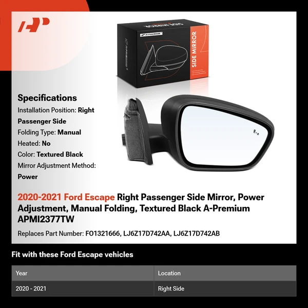 2020-2021 Ford Escape Right Passenger Side Mirror, Power Adjustment, Manual Folding, Textured Black A-Premium APMI2377TW