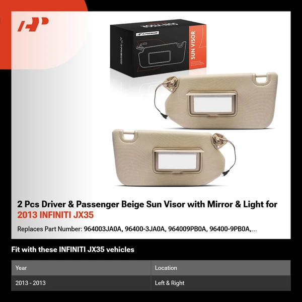 2 Pcs Driver & Passenger Beige Sun Visor with Mirror & Light for 2013 INFINITI JX35