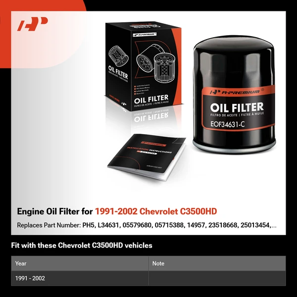 Engine Oil Filter for 1991-2002 Chevrolet C3500HD