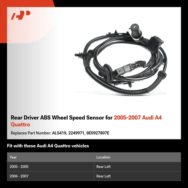 Rear Driver ABS Wheel Speed Sensor for 2005-2007 Audi A4 Quattro