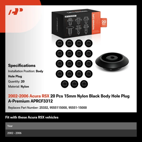 2002-2006 Acura RSX 20 Pcs 15mm Nylon Black Body Hole Plug A-Premium APRCF3312