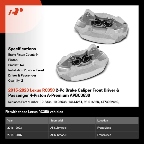2015-2023 Lexus RC350 2-Pc Brake Caliper Front Driver & Passenger 4-Piston A-Premium APBC3630