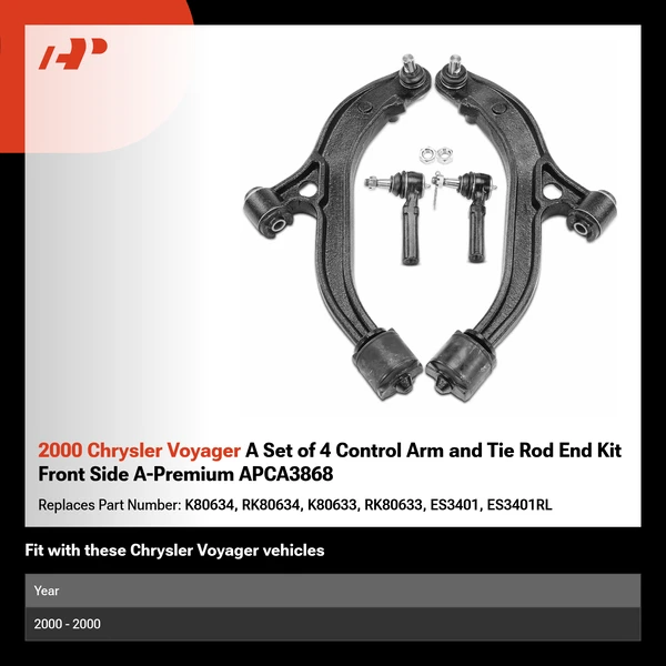 2000 Chrysler Voyager A Set of 4 Control Arm and Tie Rod End Kit Front Side A-Premium APCA3868