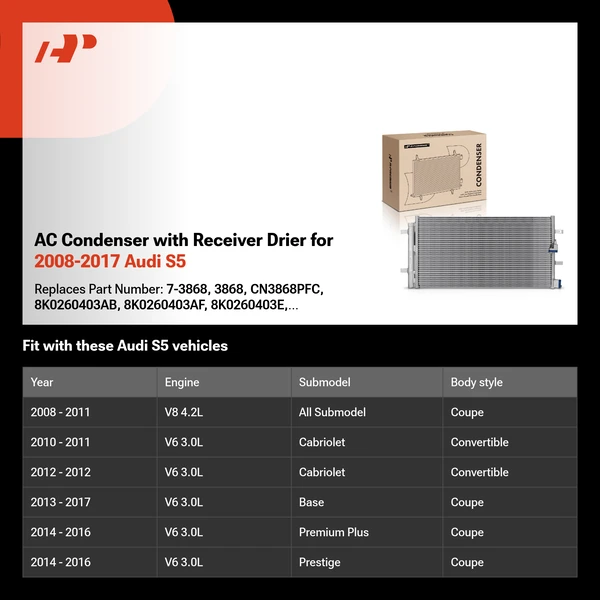 AC Condenser with Receiver Drier for 2008-2017 Audi S5