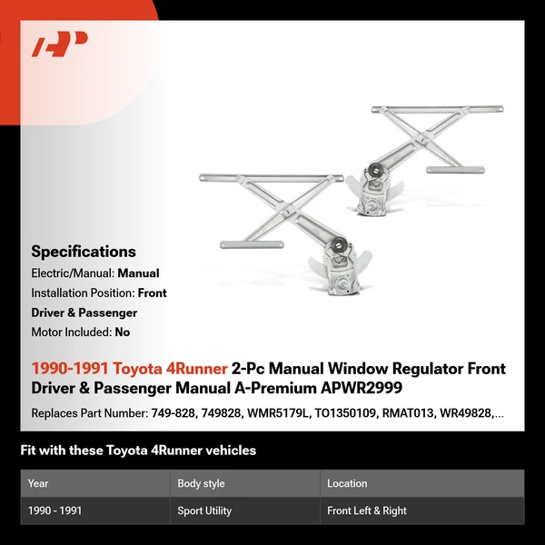 1990-1991 Toyota 4Runner 2-Pc Manual Window Regulator Front Driver & Passenger Manual A-Premium APWR2999