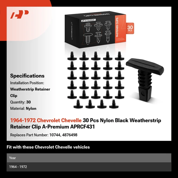 1964-1972 Chevrolet Chevelle 30 Pcs Nylon Black Weatherstrip Retainer Clip A-Premium APRCF431