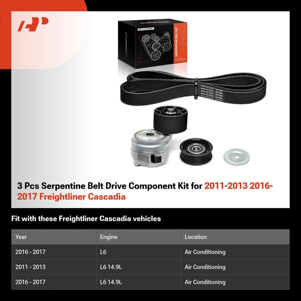 3 Pcs Serpentine Belt Drive Component Kit for 2011-2013 2016-2017 Freightliner Cascadia