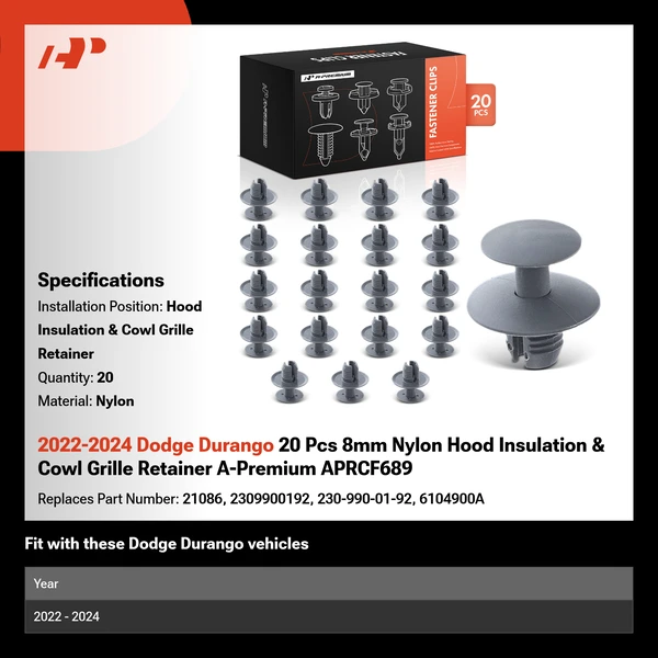 2022-2024 Dodge Durango 20 Pcs 8mm Nylon Hood Insulation & Cowl Grille Retainer A-Premium APRCF689