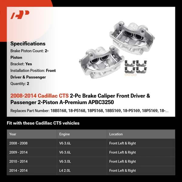 2008-2014 Cadillac CTS 2-Pc Brake Caliper Front Driver & Passenger 2-Piston A-Premium APBC3250