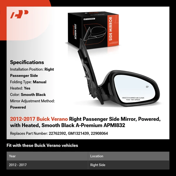 2012-2017 Buick Verano Right Passenger Side Mirror, Powered, with Heated, Smooth Black A-Premium APMI832