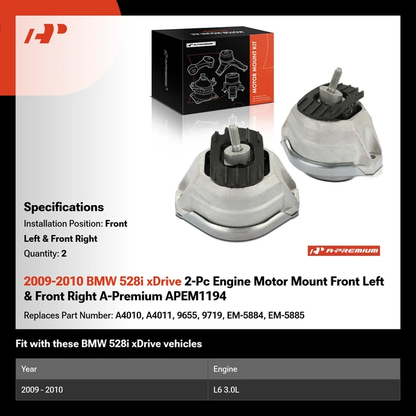2009-2010 BMW 528i xDrive 2-Pc Engine Motor Mount Front Left & Front Right A-Premium APEM1194