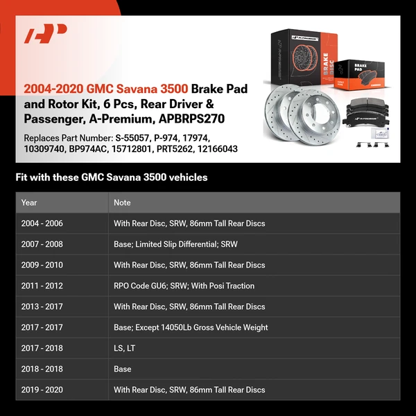 2004-2020 GMC Savana 3500 Brake Pad and Rotor Kit, 6 Pcs, Rear Driver & Passenger, A-Premium, APBRPS270