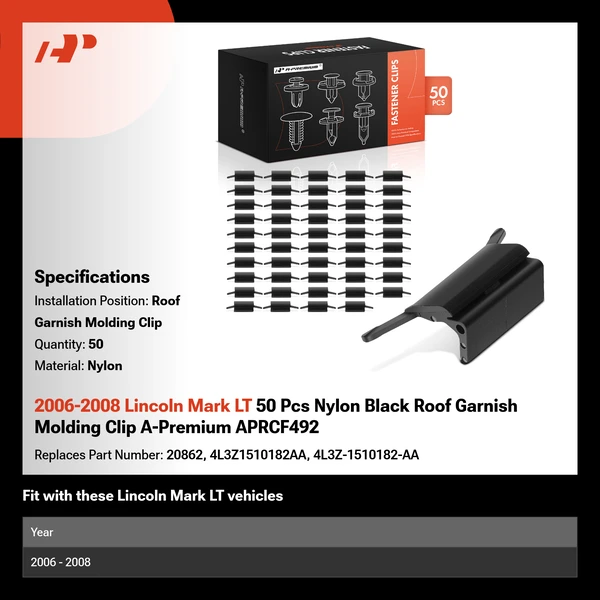 2006-2008 Lincoln Mark LT 50 Pcs Nylon Black Roof Garnish Molding Clip A-Premium APRCF492