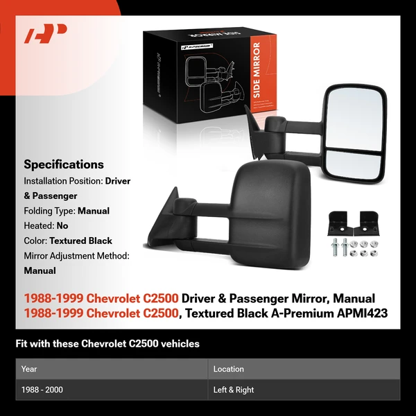 1988-1999 Chevrolet C2500 Driver & Passenger Mirror, Manual 1988-1999 Chevrolet C2500, Textured Black A-Premium APMI423