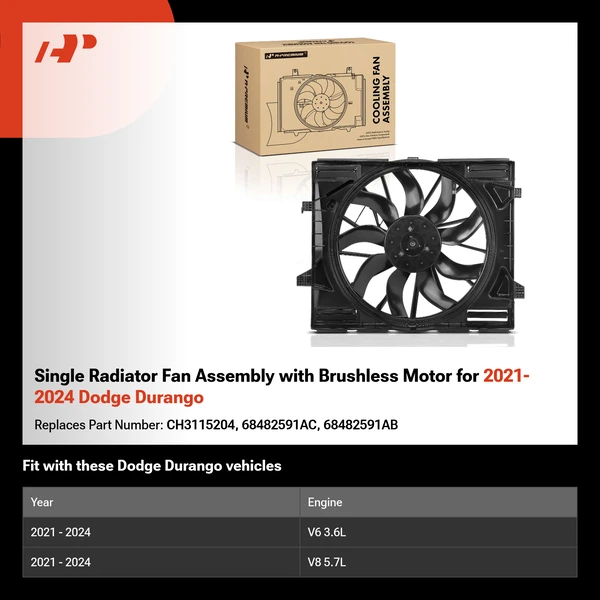 Single Radiator Fan Assembly with Brushless Motor for 2021-2024 Dodge Durango