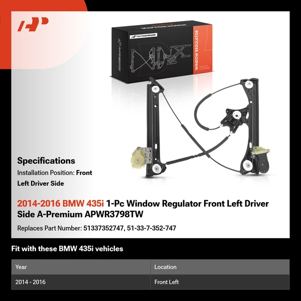 2014-2016 BMW 435i 1-Pc Window Regulator Front Left Driver Side A-Premium APWR3798TW