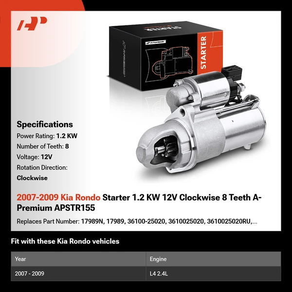 2007-2009 Kia Rondo Starter 1.2 KW 12V Clockwise 8 Teeth A-Premium APSTR155