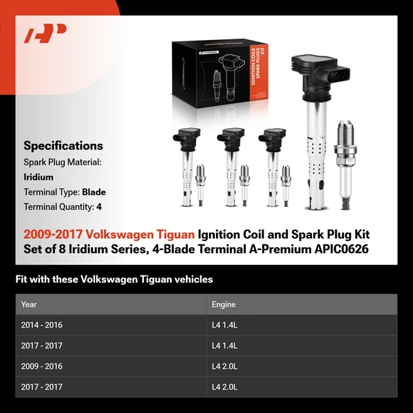 2009-2017 Volkswagen Tiguan Ignition Coil and Spark Plug Kit Set of 8 Iridium Series, 4-Blade Terminal A-Premium APIC0626
