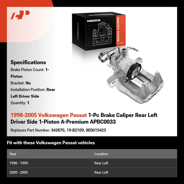 1998-2005 Volkswagen Passat 1-Pc Brake Caliper Rear Left Driver Side 1-Piston A-Premium APBC0033
