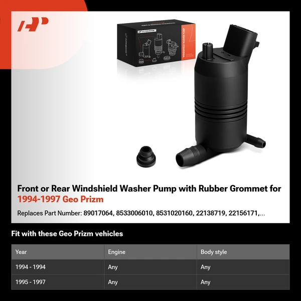 Front or Rear Windshield Washer Pump with Rubber Grommet for 1994-1997 Geo Prizm