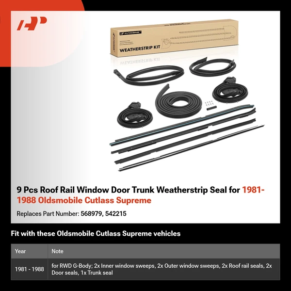 9 Pcs Roof Rail Window Door Trunk Weatherstrip Seal for 1981-1988 Oldsmobile Cutlass Supreme