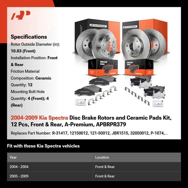 2004-2009 Kia Spectra Disc Brake Rotors and Ceramic Pads Kit, 12 Pcs, Front & Rear, A-Premium, APBRPR379
