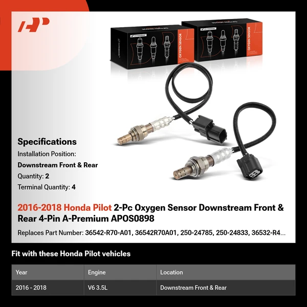 2016-2018 Honda Pilot 2-Pc Oxygen Sensor Downstream Front & Rear 4-Pin A-Premium APOS0898