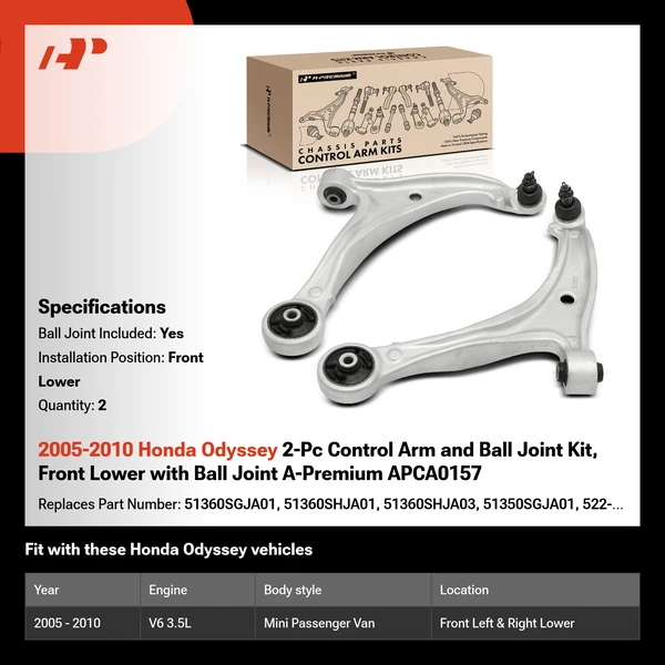 2005-2010 Honda Odyssey 2-Pc Control Arm and Ball Joint Kit, Front Lower with Ball Joint A-Premium APCA0157