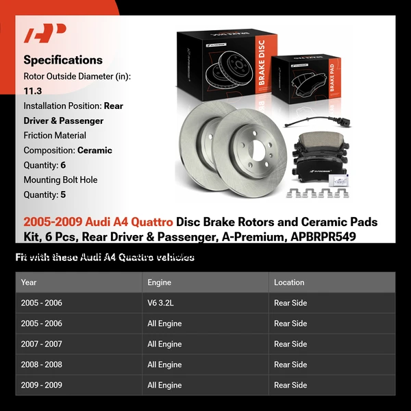 2005-2009 Audi A4 Quattro Disc Brake Rotors and Ceramic Pads Kit, 6 Pcs, Rear Driver & Passenger, A-Premium, APBRPR549