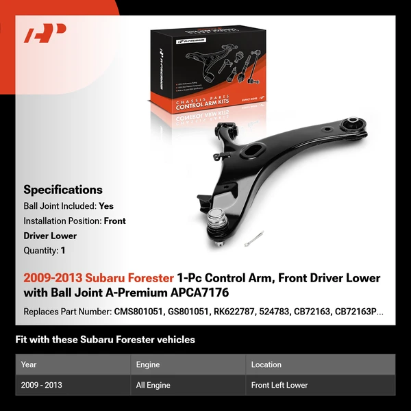 2009-2013 Subaru Forester 1-Pc Control Arm, Front Driver Lower with Ball Joint A-Premium APCA7176
