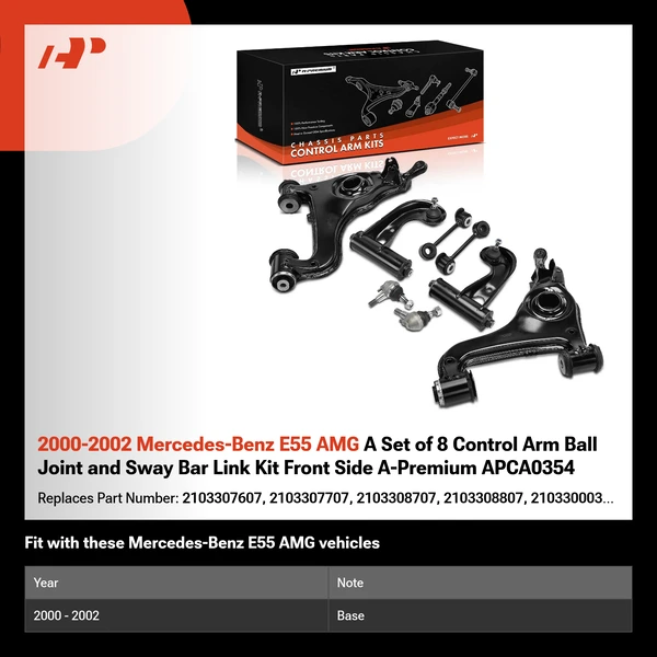 2000-2002 Mercedes-Benz E55 AMG A Set of 8 Control Arm Ball Joint and Sway Bar Link Kit Front Side A-Premium APCA0354