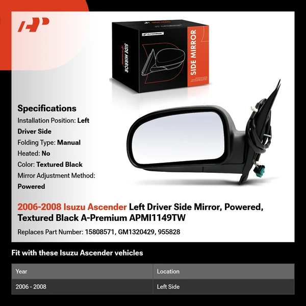 2006-2008 Isuzu Ascender Left Driver Side Mirror, Powered, Textured Black A-Premium APMI1149TW