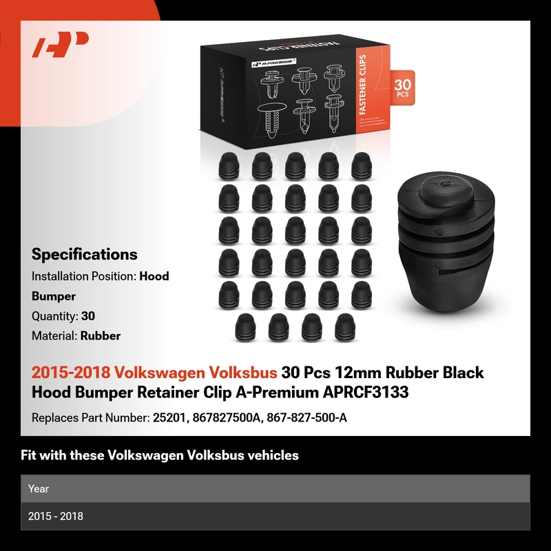 2015-2018 Volkswagen Volksbus 30 Pcs 12mm Rubber Black Hood Bumper Retainer Clip A-Premium APRCF3133