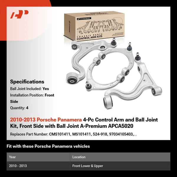 2010-2013 Porsche Panamera 4-Pc Control Arm and Ball Joint Kit, Front Side with Ball Joint A-Premium APCA5020
