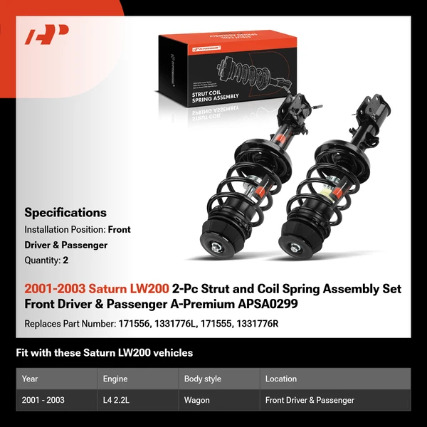 2001-2003 Saturn LW200 2-Pc Strut and Coil Spring Assembly Set Front Driver & Passenger A-Premium APSA0299