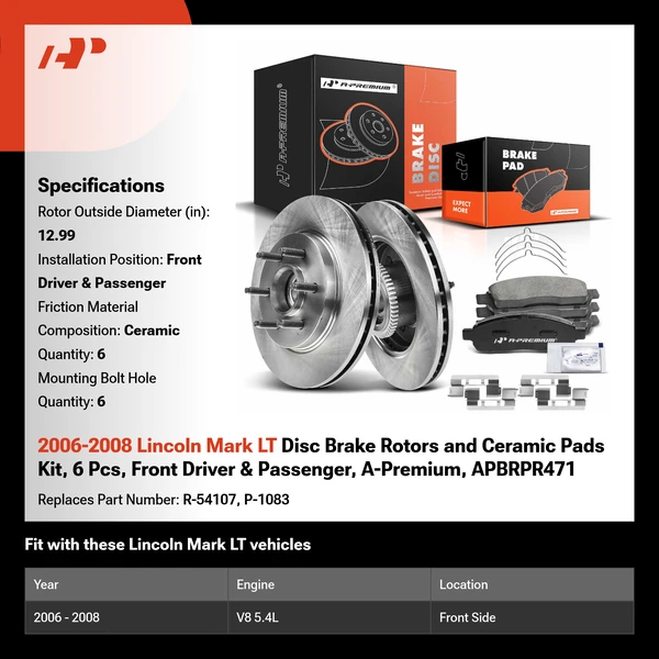 2006-2008 Lincoln Mark LT Disc Brake Rotors and Ceramic Pads Kit, 6 Pcs, Front Driver & Passenger, A-Premium, APBRPR471