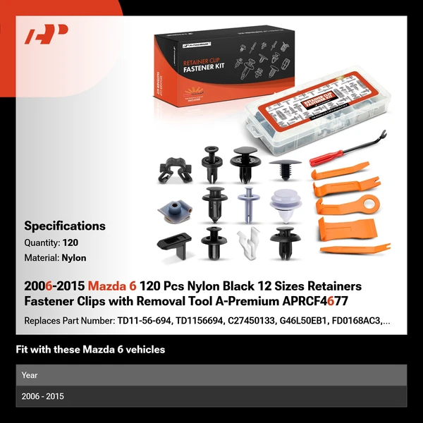 2006-2015 Mazda 6 120 Pcs Nylon Black 12 Sizes Retainers Fastener Clips with Removal Tool A-Premium APRCF4677