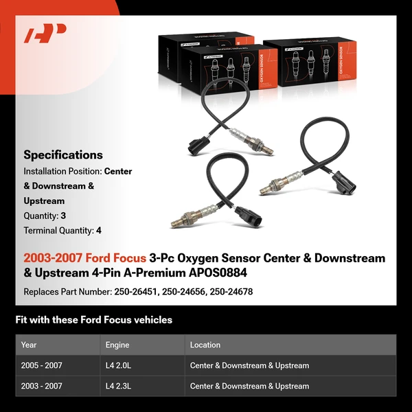 2003-2007 Ford Focus 3-Pc Oxygen Sensor Center & Downstream & Upstream 4-Pin A-Premium APOS0884