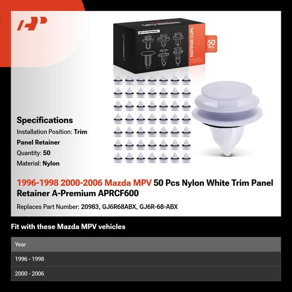1996-1998 2000-2006 Mazda MPV 50 Pcs Nylon White Trim Panel Retainer A-Premium APRCF600
