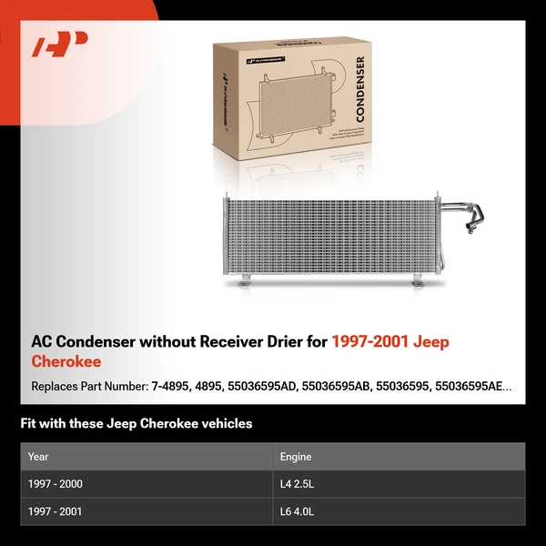 AC Condenser without Receiver Drier for 1997-2001 Jeep Cherokee