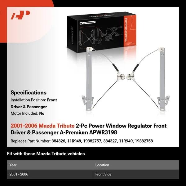 2001-2006 Mazda Tribute 2-Pc Power Window Regulator Front Driver & Passenger A-Premium APWR3198