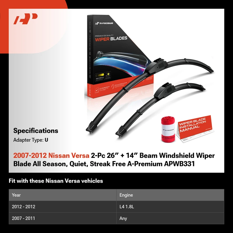 2007-2012 Nissan Versa 2-Pc 26″ + 14″ Beam Windshield Wiper Blade All Season, Quiet, Streak Free A-Premium APWB331