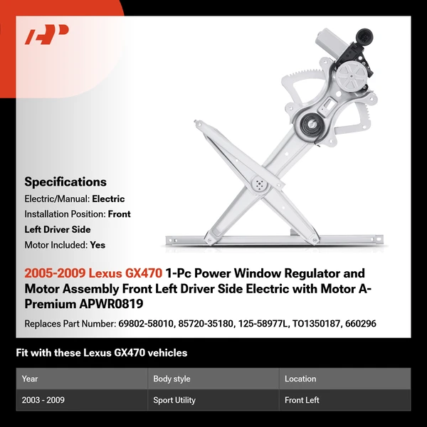 2005-2009 Lexus GX470 1-Pc Power Window Regulator and Motor Assembly Front Left Driver Side Electric with Motor A-Premium APWR0819