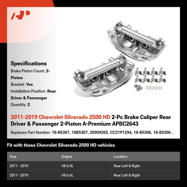 2011-2019 Chevrolet Silverado 2500 HD 2-Pc Brake Caliper Rear Driver & Passenger 2-Piston A-Premium APBC2643