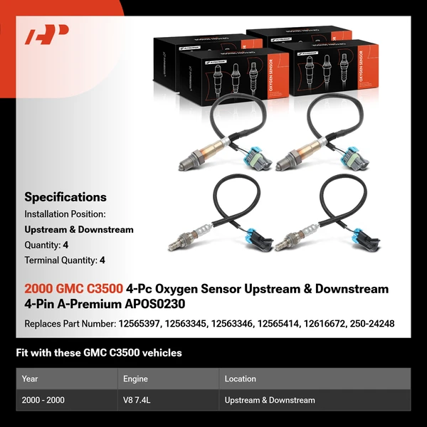 2000 GMC C3500 4-Pc Oxygen Sensor Upstream & Downstream 4-Pin A-Premium APOS0230