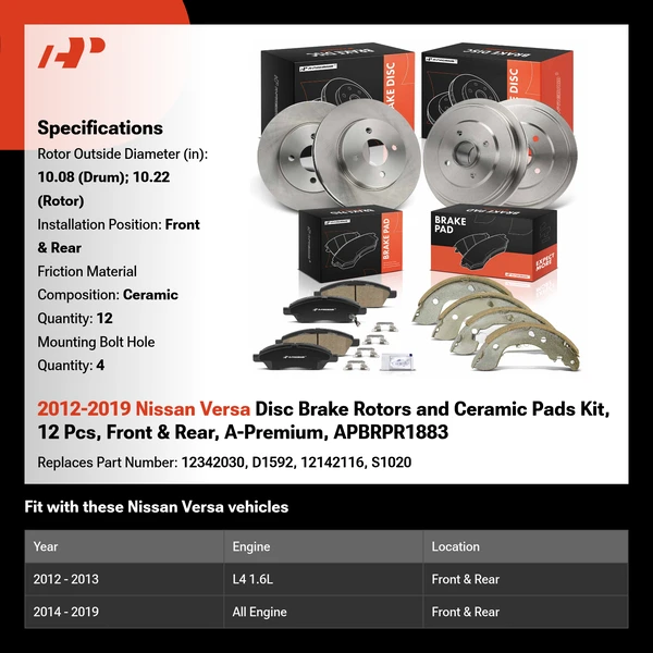 2012-2019 Nissan Versa Disc Brake Rotors and Ceramic Pads Kit, 12 Pcs, Front & Rear, A-Premium, APBRPR1883