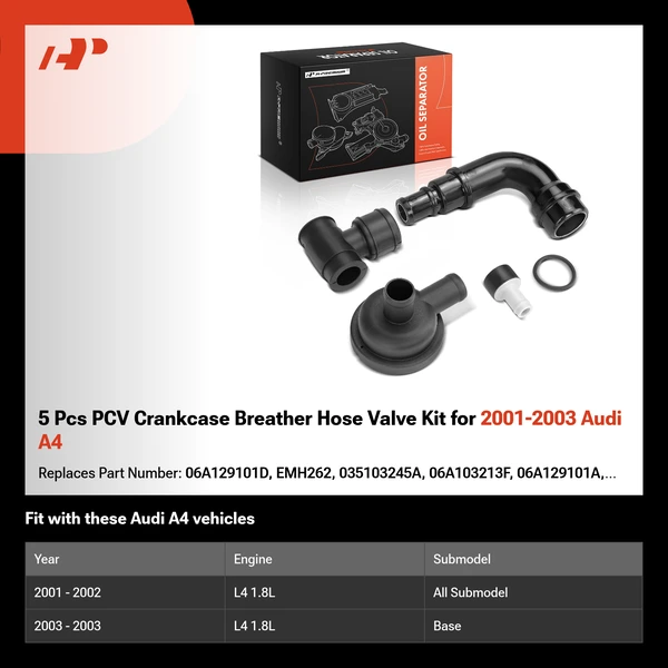 5 Pcs PCV Crankcase Breather Hose Valve Kit for 2001-2003 Audi A4